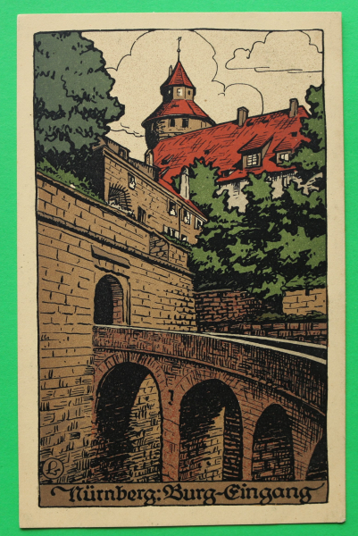 AK Nürnberg / 1910-20 / Litho / Burg Eingang Tor Brücke / Künstler Steinzeichnung Stein-Zeichnung / Monogramm L